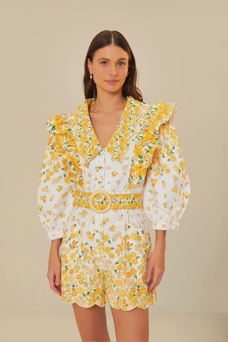 Leinen-Romper mit Blumenmuster und Rüschenkragen