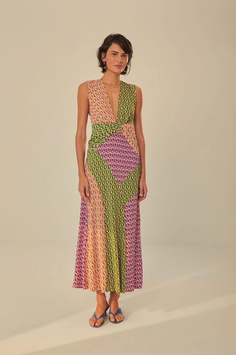 Gemustertes Leinen-Maxikleid mit Knoten