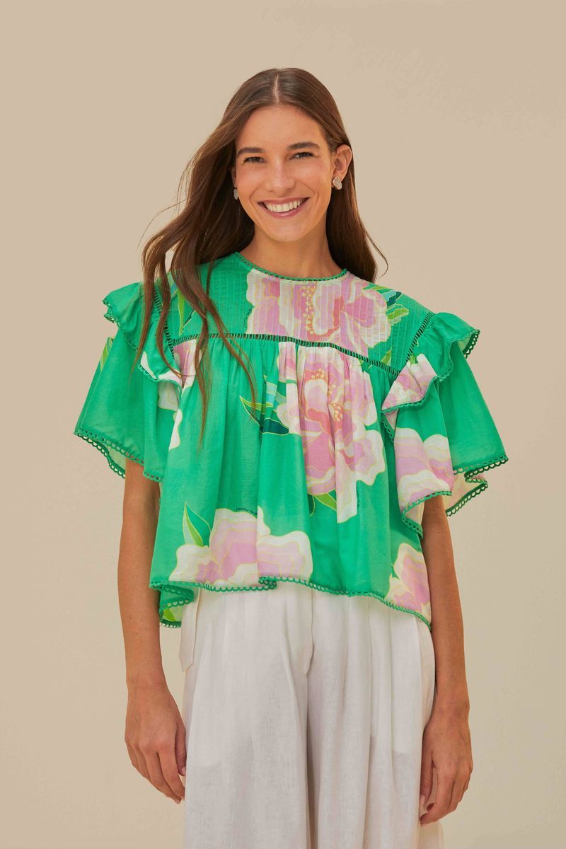 Blumige Baumwollbluse mit Rüschenärmeln