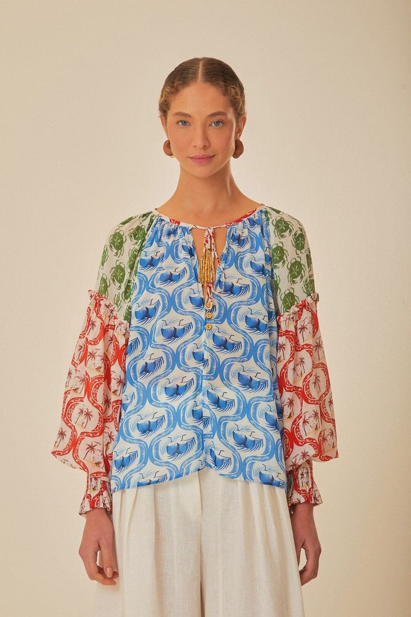Patchwork-Bluse mit Tropenprint