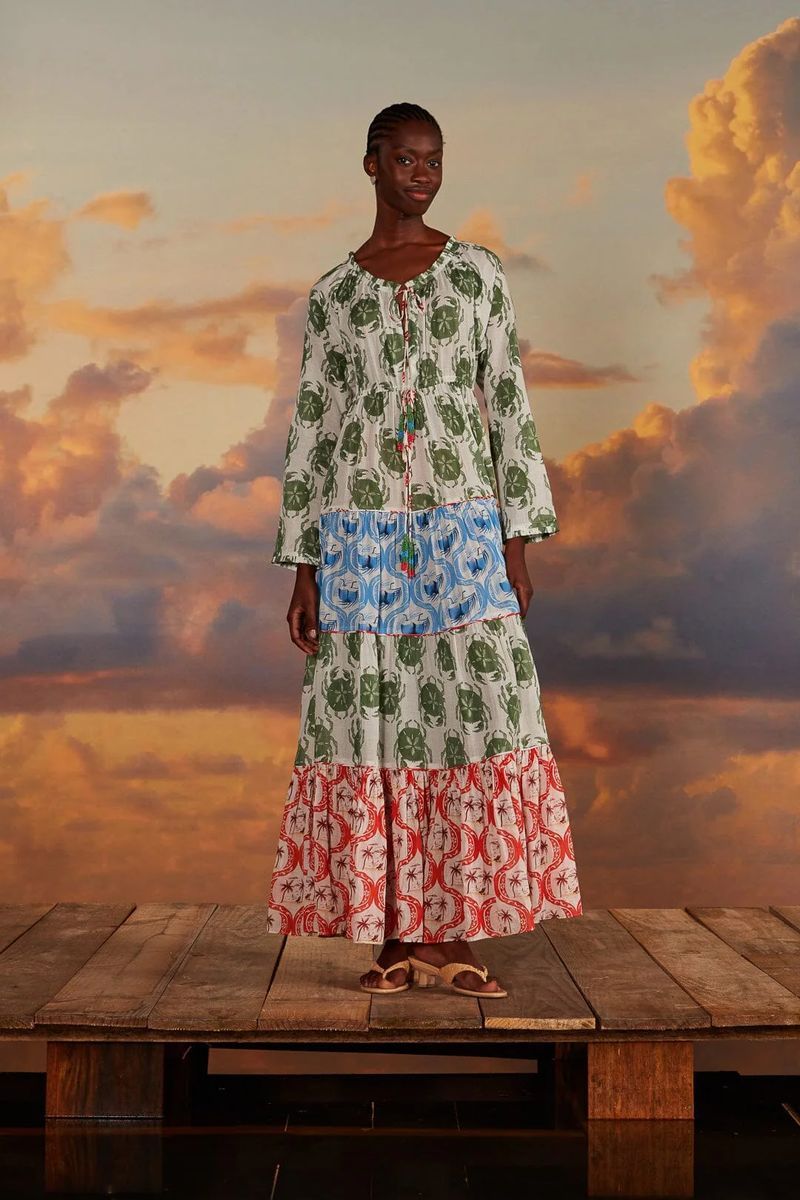 Gestuftes Baumwoll-Maxikleid mit Print