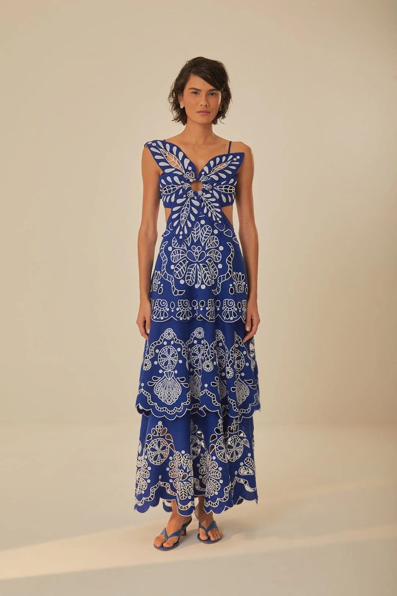 Leinen-Midikleid mit Richelieu-Stickerei