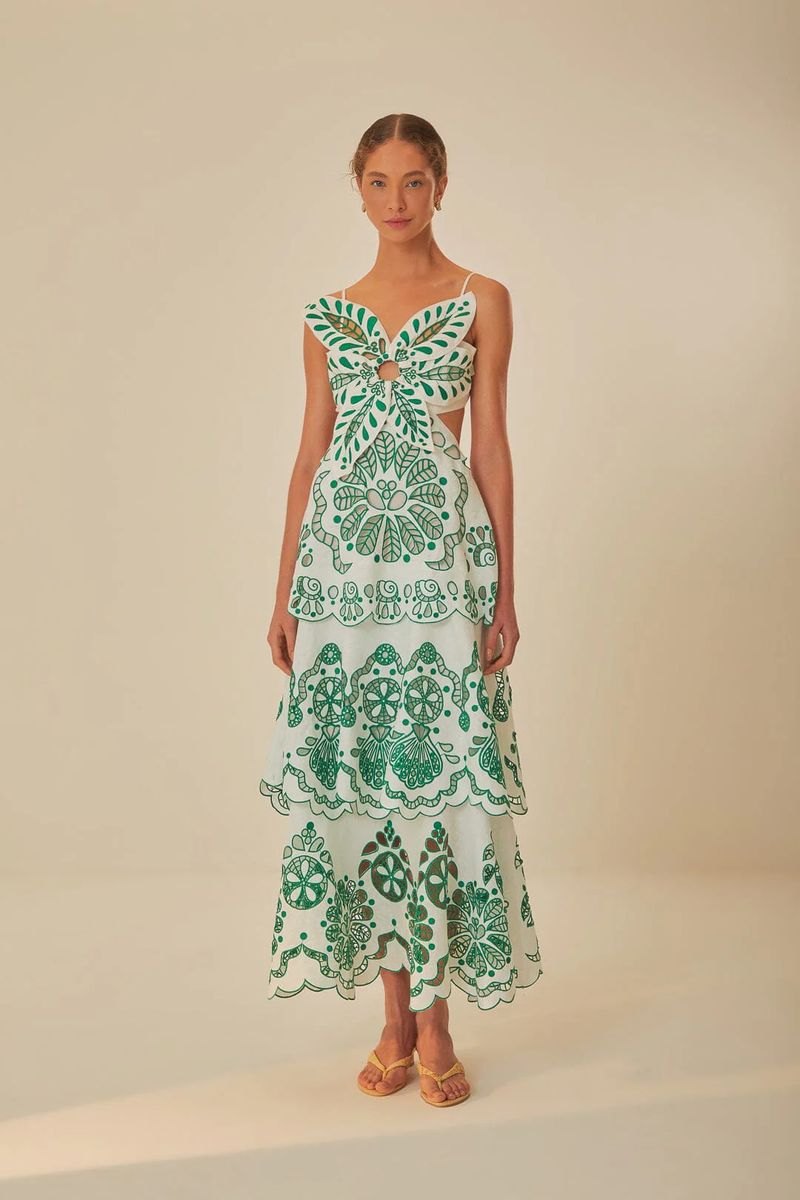 Besticktes Schmetterlings-Leinen-Midikleid