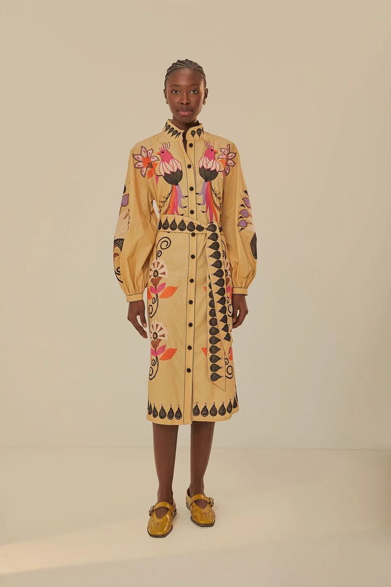 Besticktes Midi-Leinenkleid mit Vogelmotiv
