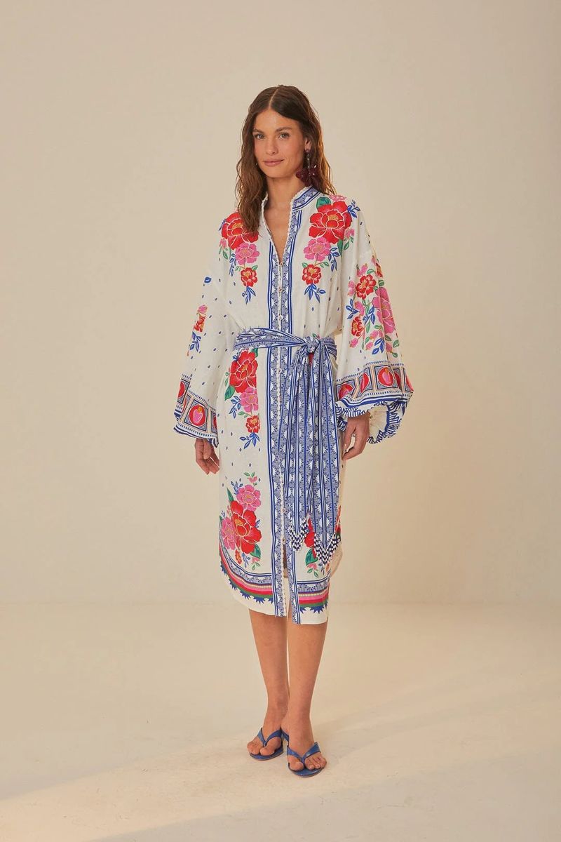 Besticktes Kaftan-Kleid aus Leinenmix