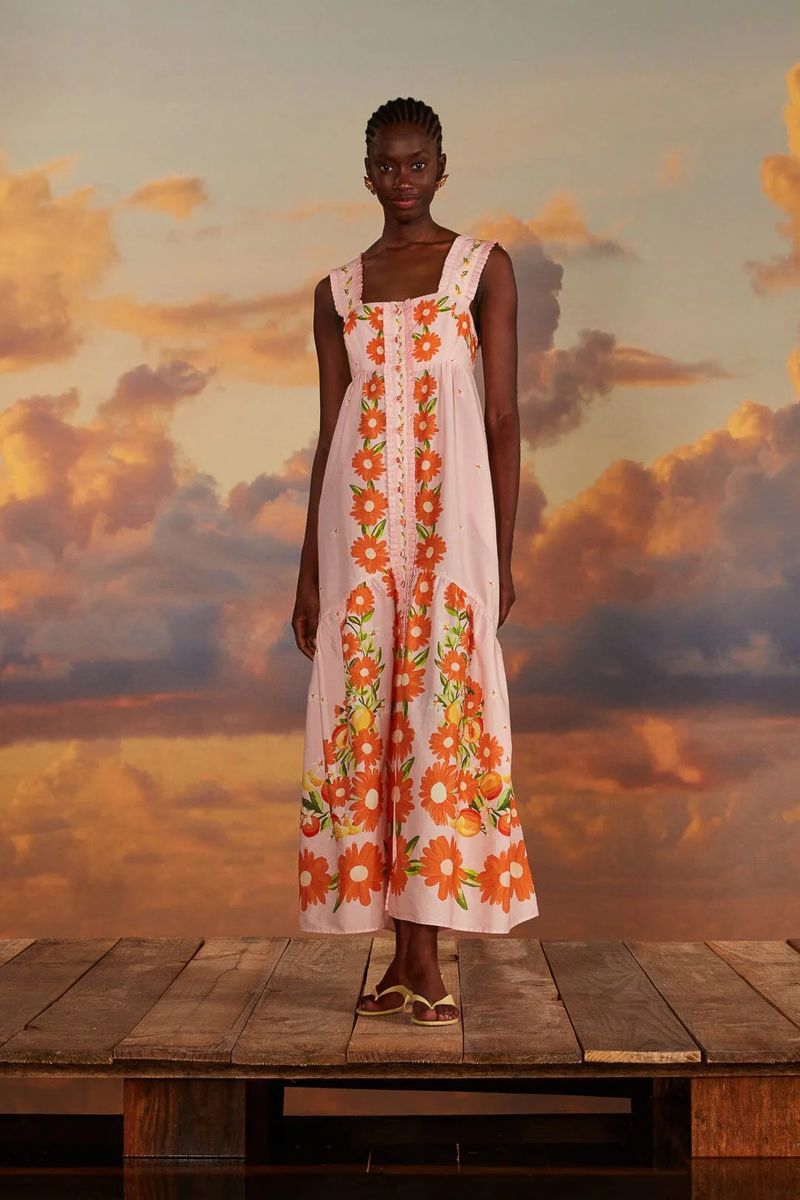 Maxikleid aus Baumwolle mit Blumenstickerei