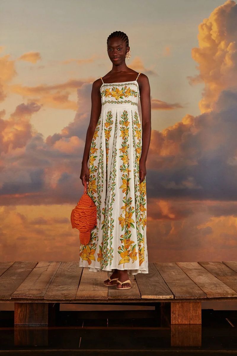 Leinen-Maxikleid mit tropischem Blumenmuster