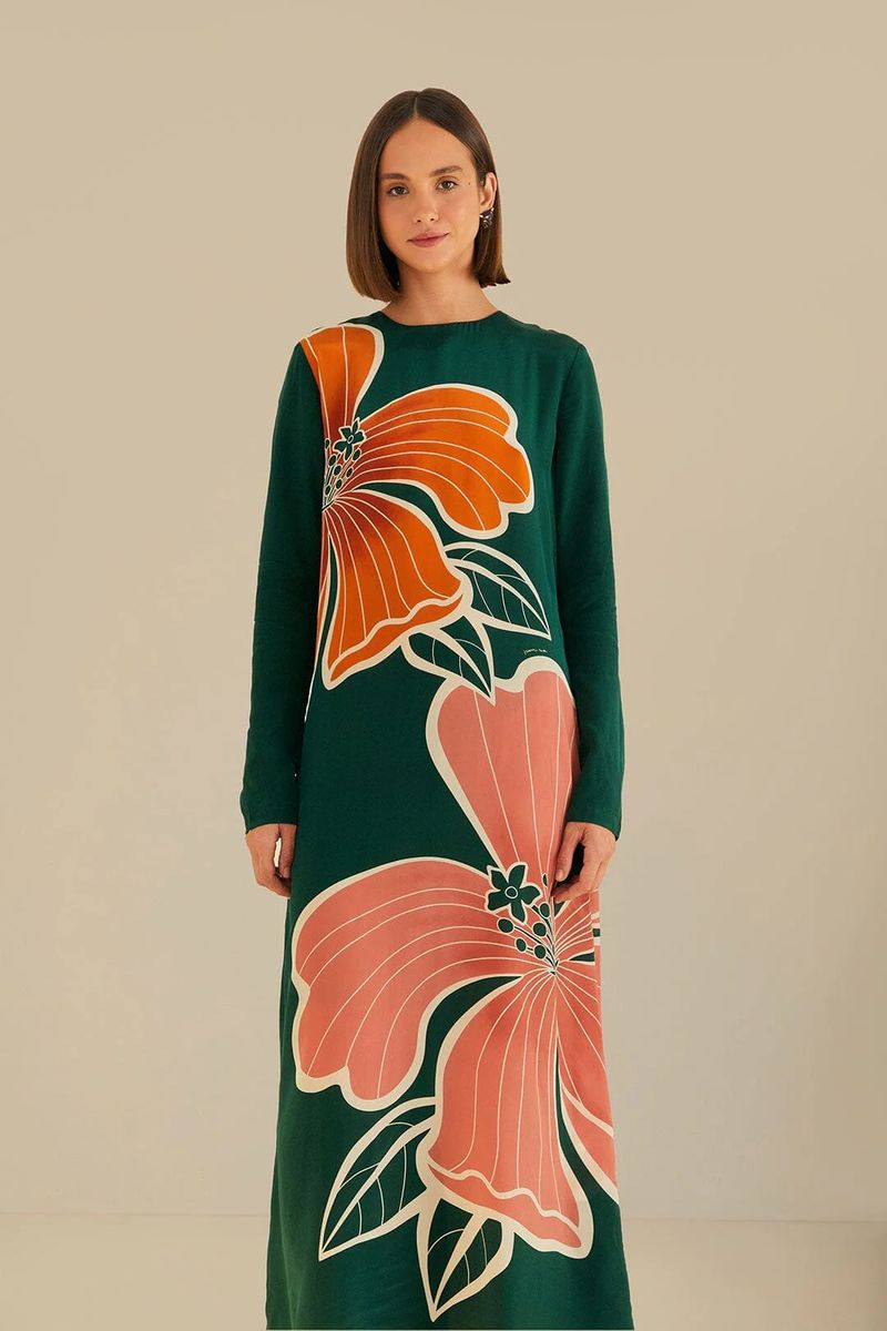 Maxi-Langarmkleid mit tropischem Blütenmuster