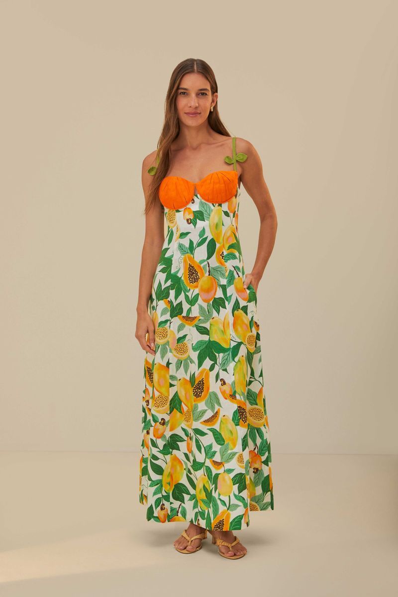 Tropisches Leinen-Maxikleid mit Papaya-Print