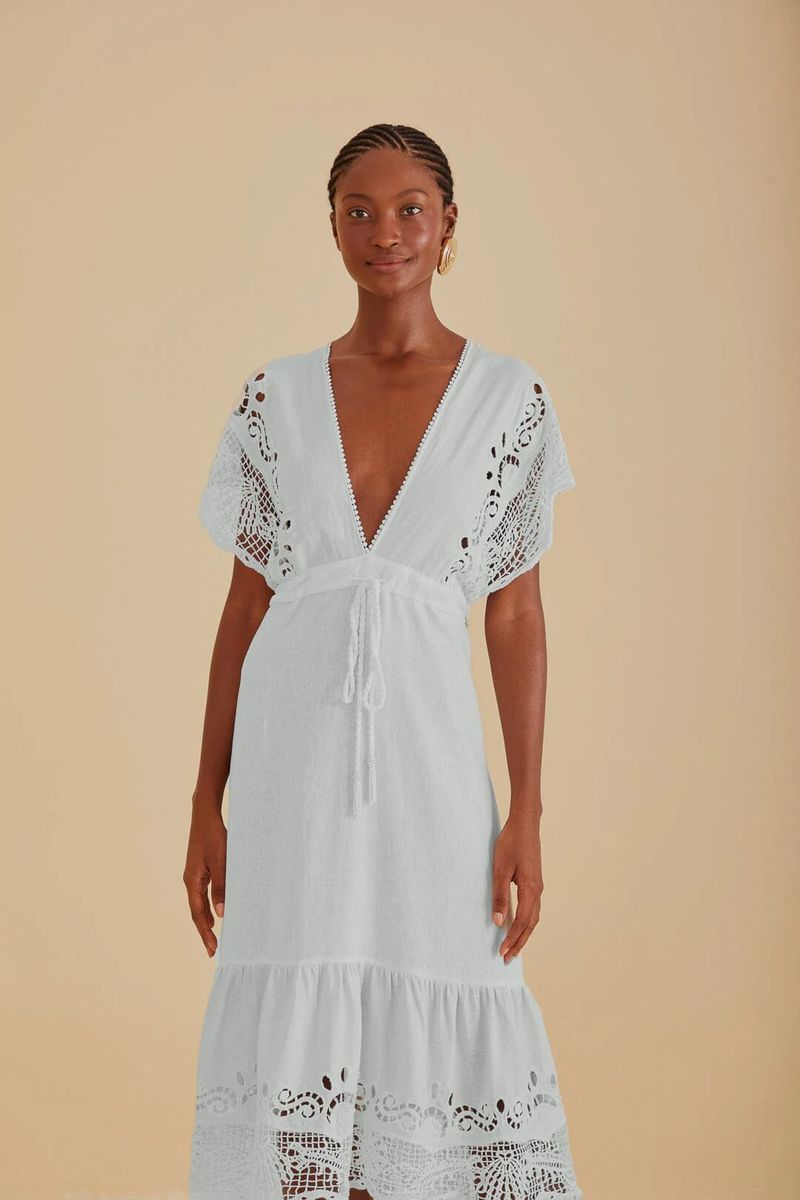 Besticktes Guipure-Midi-Leinenkleid