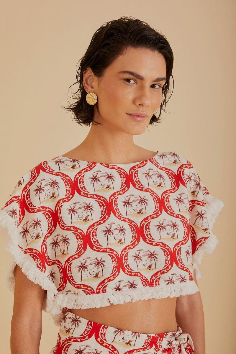 Crop-Top mit tropischem Palmenprint und Fransen