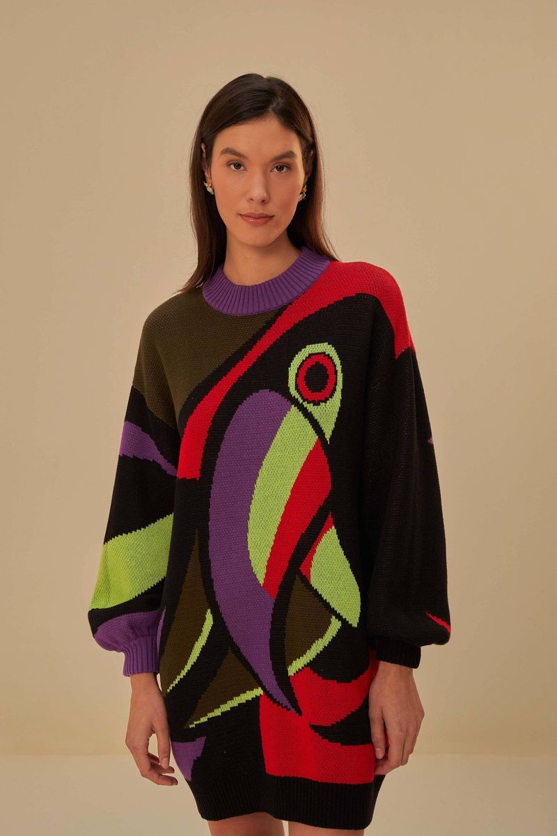 Kunstvolles Tukan-Grafik-Strickkleid