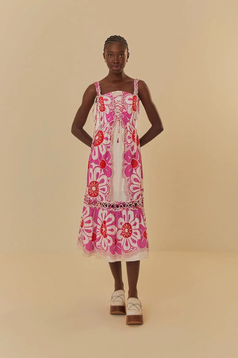 Blumiges Stufen-Midikleid mit Schnürung