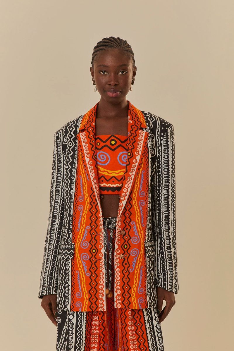 Langer Leinenblazer mit geometrischem Muster