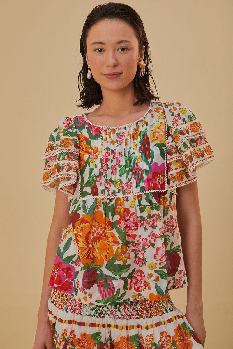 Fließende Bluse mit Blumenskizzen