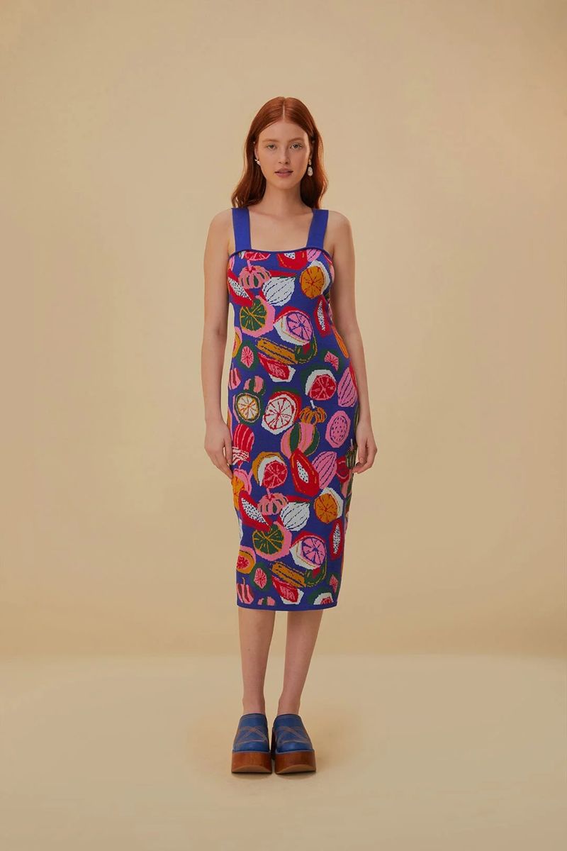 Buntes Strick-Midikleid mit Fruchtmuster