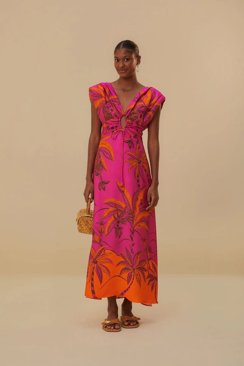 Maxikleid mit Tropenprint und Kordelzug