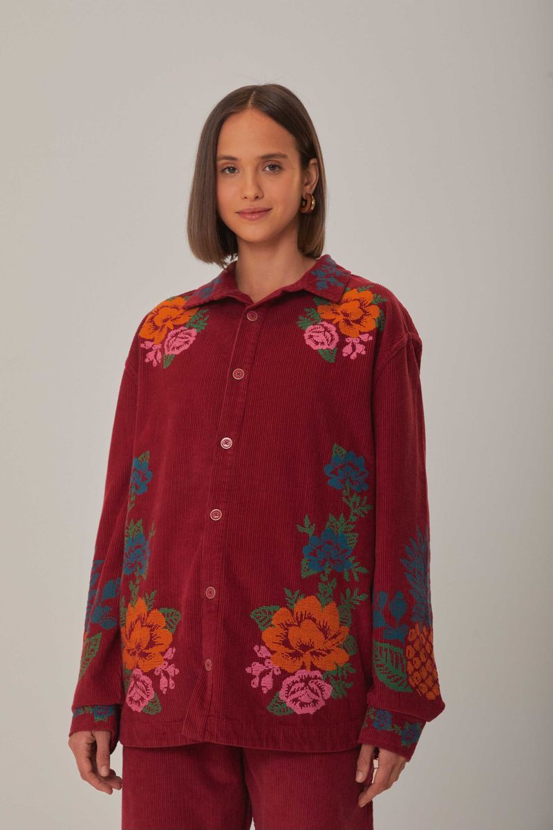 Oversize-Cordhemd mit Blumenstickerei