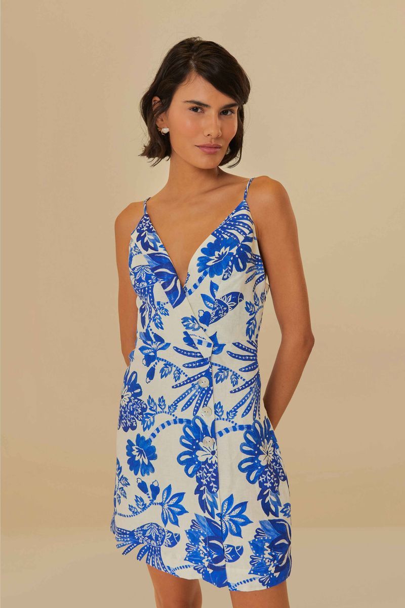 Mini-Leinenkleid mit Blumen- und Vogelprint