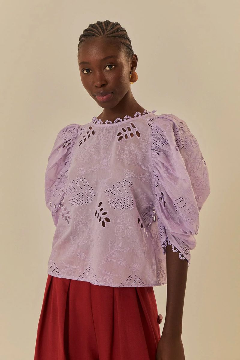Bestickte transparente Puffärmel-Bluse