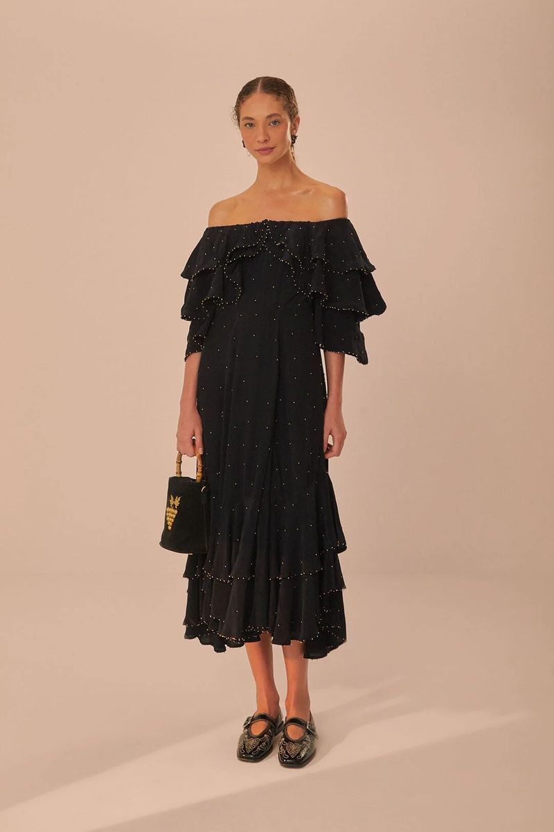 Schulterfreies Stufenkleid mit Volants