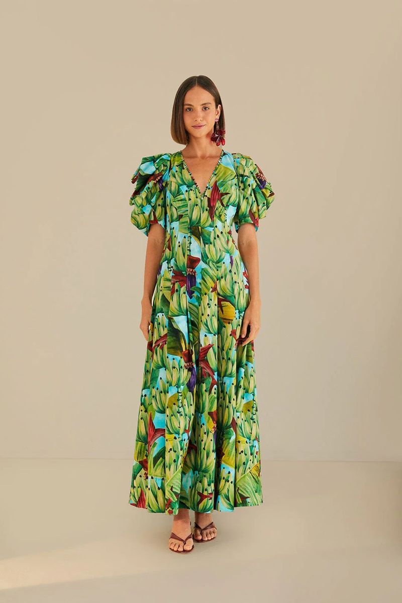 Bananen-Print Midi mit Puffärmeln