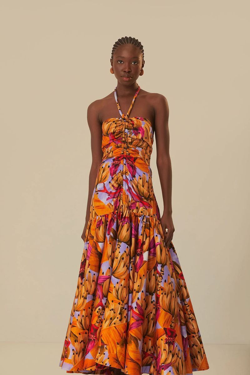 Neckholder-Maxikleid mit Bananen-Print