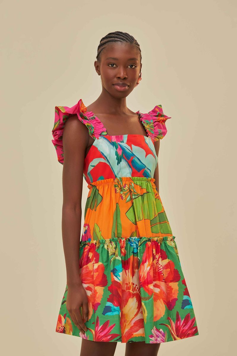 Gestuftes Mini-Kleid mit Botanik-Print