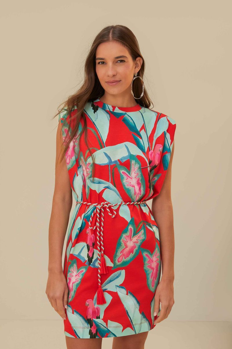 Mini-T-Shirt-Kleid mit tropischem Blattmuster