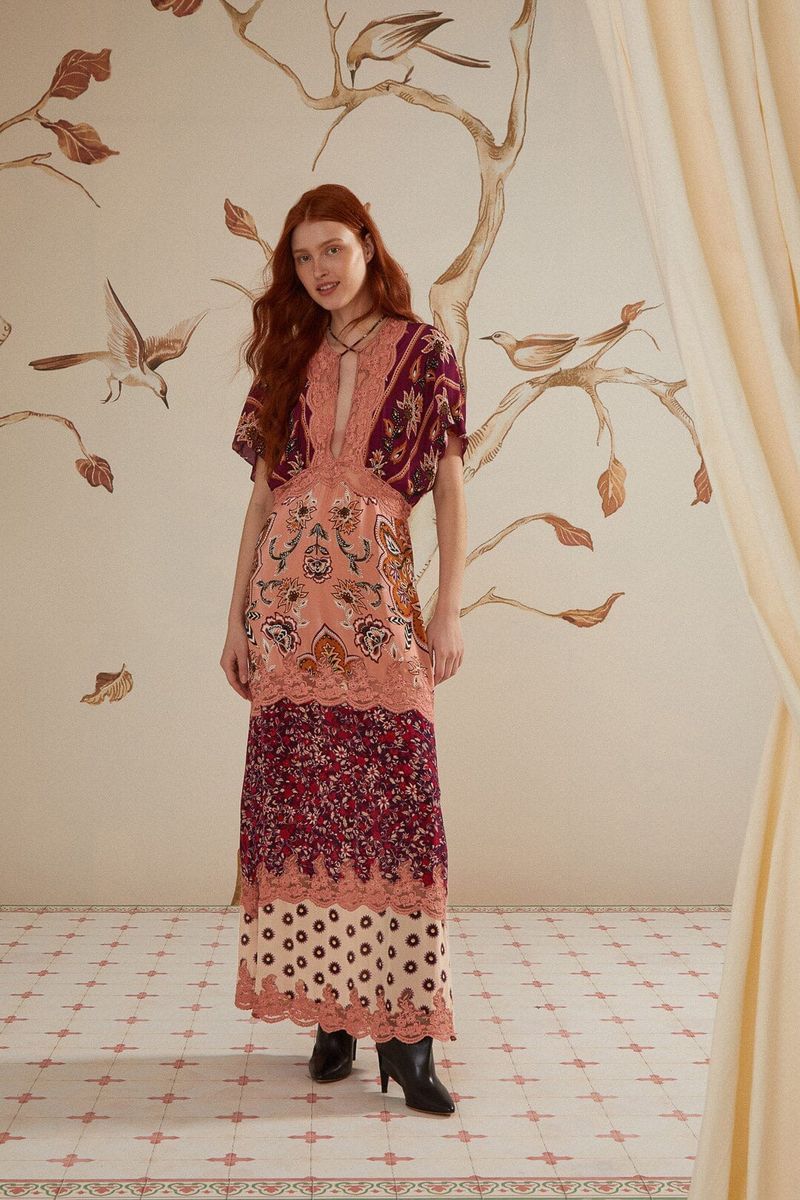 Maxikleid mit Tapisserie-Print und Spitze