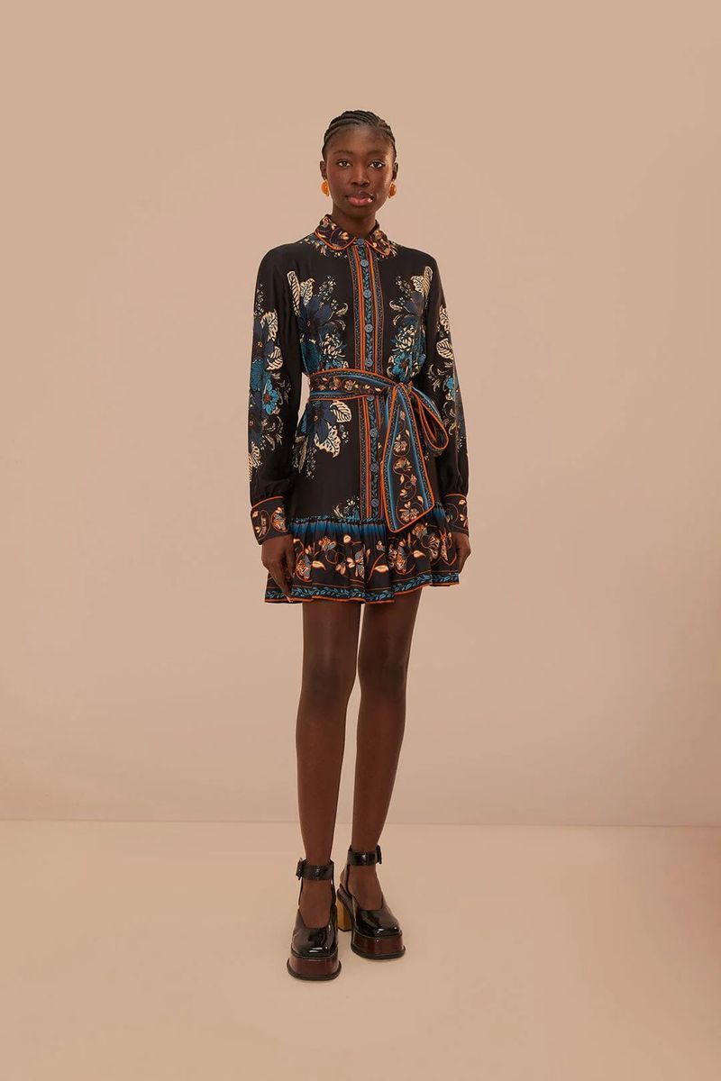 Mini-Kleid mit Tapisserie-Blumenmuster und Gürtel