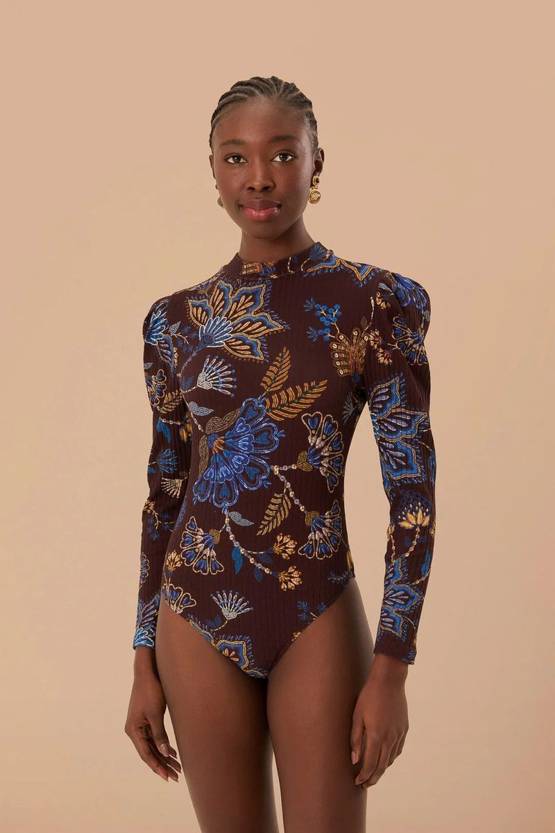 Bestickter Floral-Body mit Stehkragen