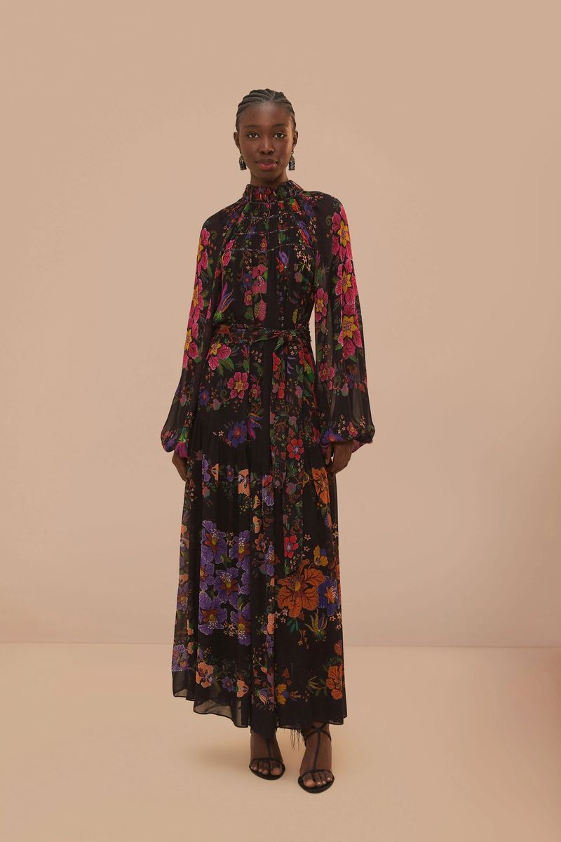 Hochgeschlossenes Etagen-Maxikleid mit Blumenprint