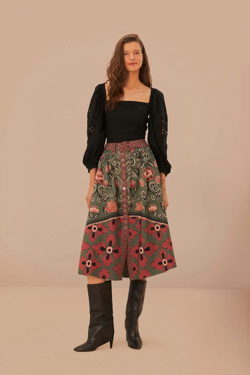 Arabesken-Midi-Rock mit Blumenmuster und Knöpfen