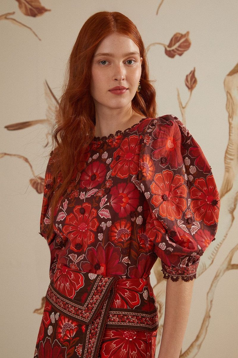 Bluse mit Tapisserie-Print und Puffärmeln