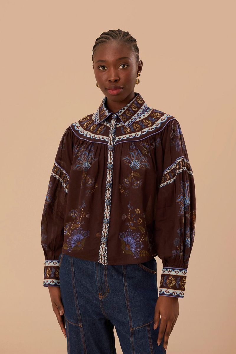 Bestickte Baumwollbluse mit Garten-Motiv