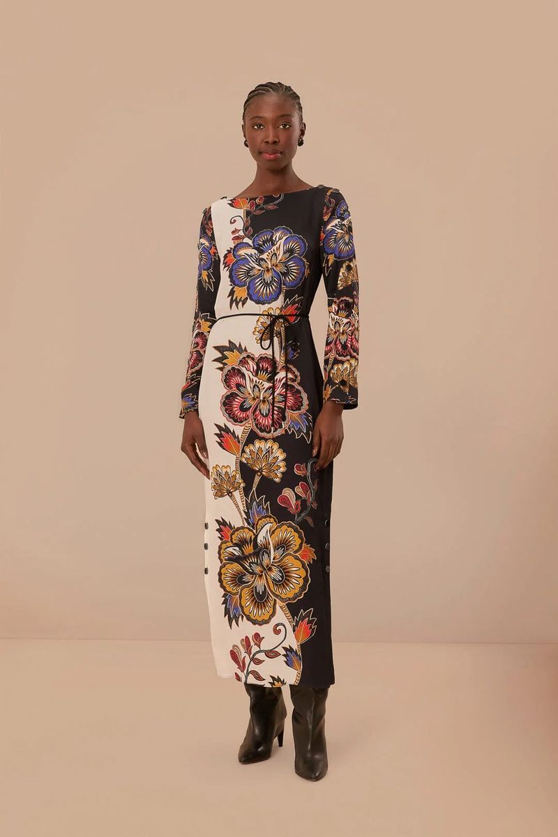 Midikleid mit Blumenmuster und Gürtel