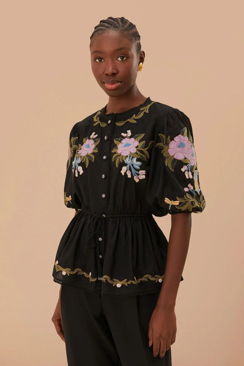 Bestickte Schößchenbluse mit Blumenmuster