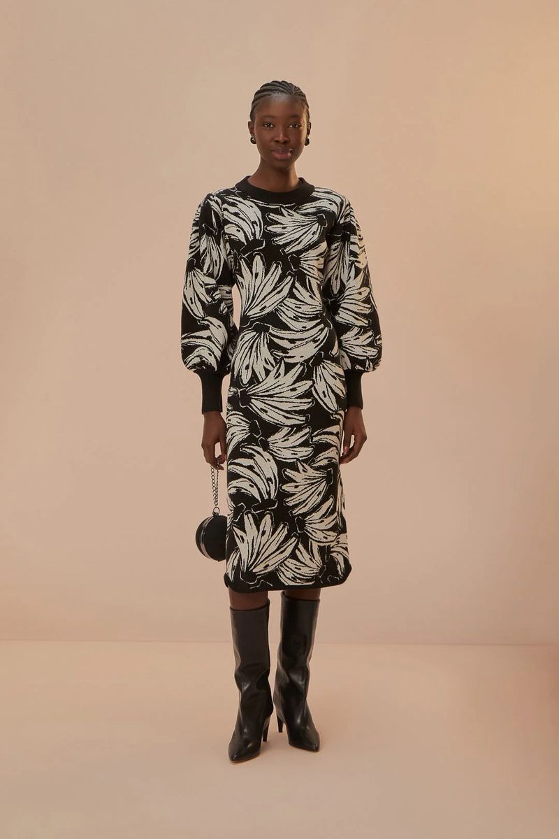 Strick-Midikleid mit Bananenblatt-Muster
