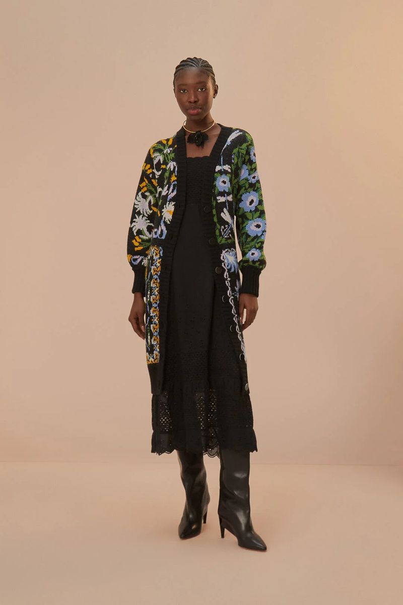 Midilanger Strick-Cardigan mit Garten-Motiv