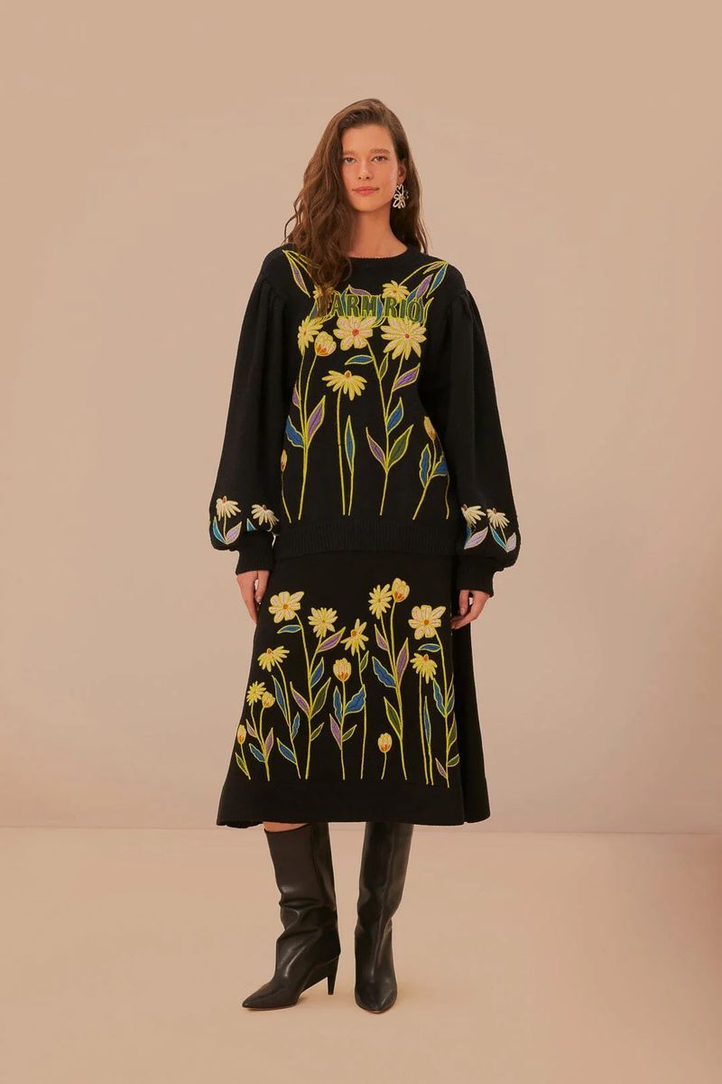Bestickter Midi-Strickrock mit Blumen