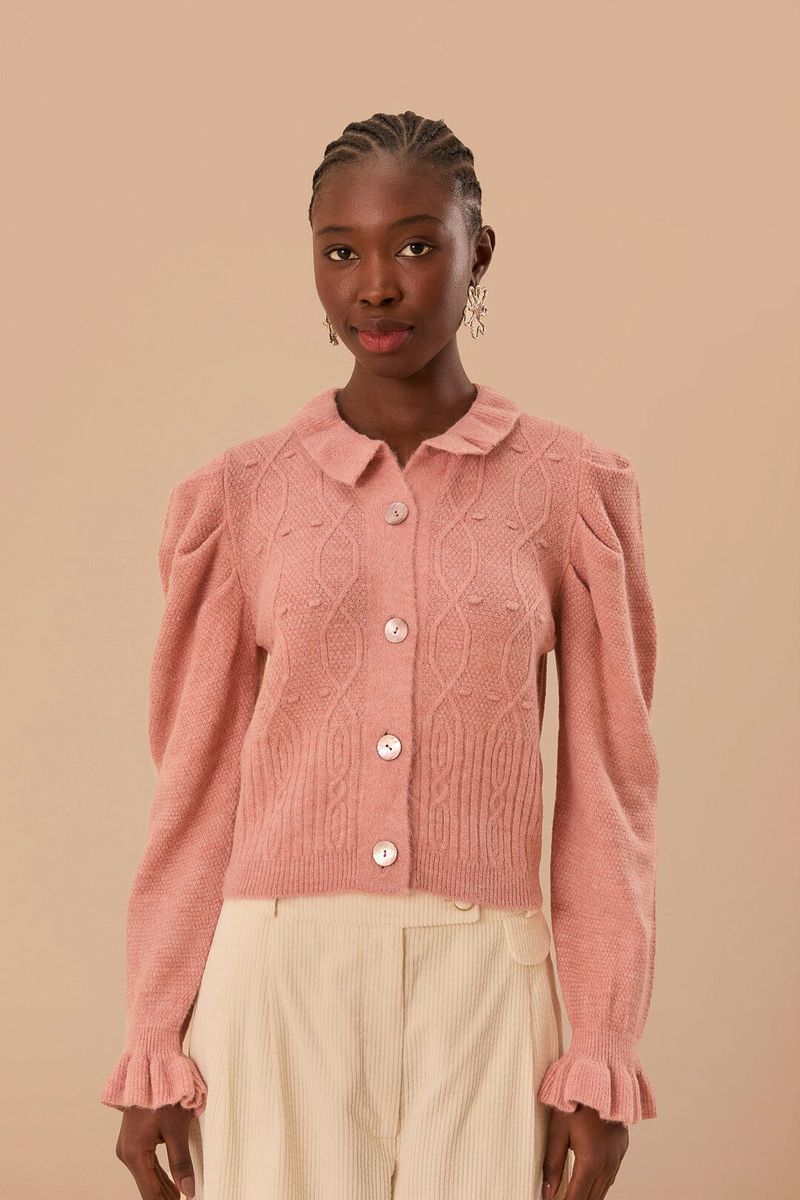 Cardigan mit Zopfmuster und Puffärmeln