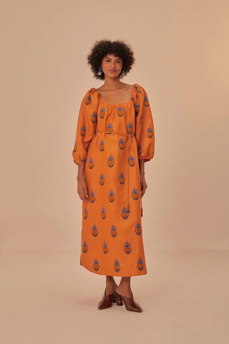 Besticktes Leinen-Midikleid mit Puffärmeln