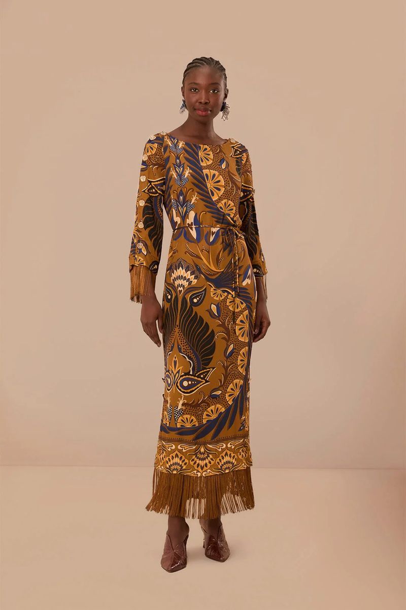 Maxikleid mit Herz-Wald-Print und Fransen