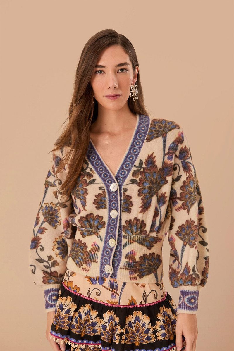 Strick-Cardigan mit Blumenmuster und Borte