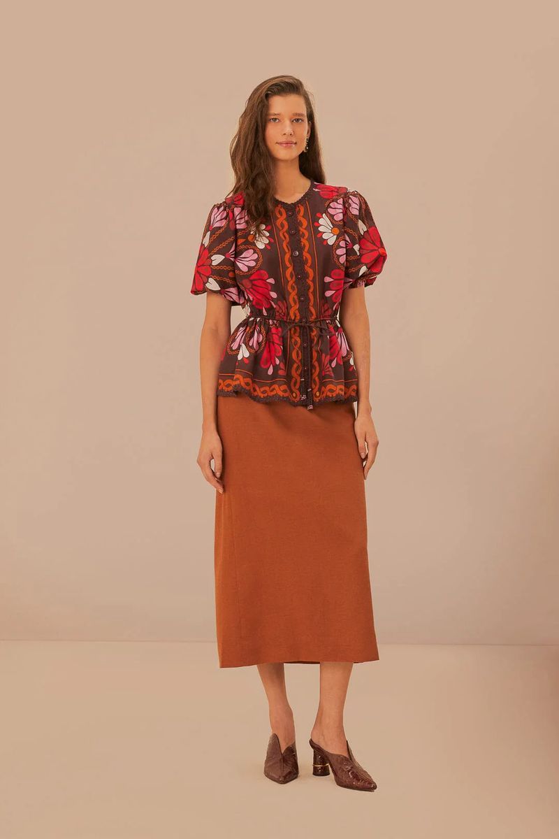 Rüschenbluse mit Tropenmuster und Taillenband