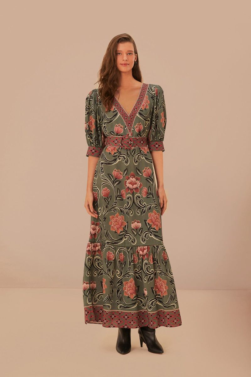 Arabesken-Maxikleid mit Blumenmuster und Gürtel