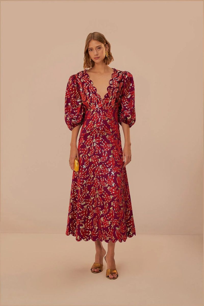 Midi-Kleid mit Bananen-Jacquard und Wellenkante