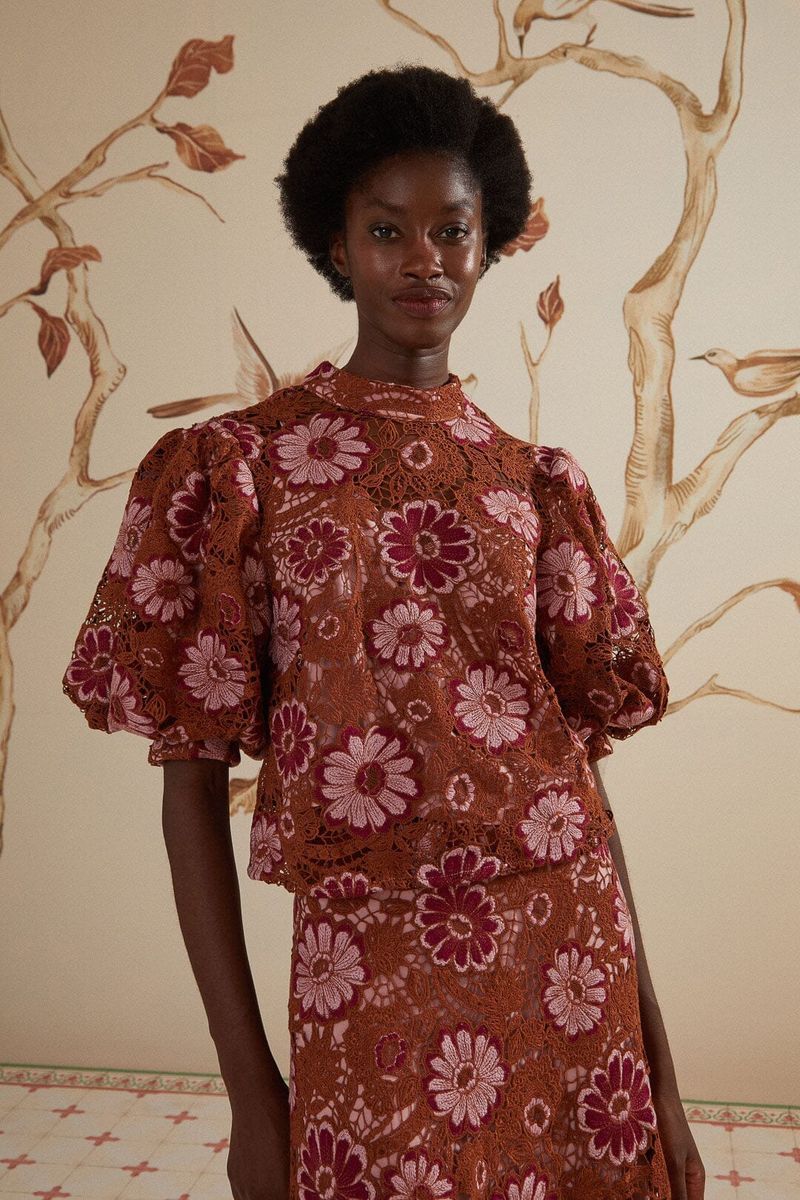 Florale Guipure-Spitzenbluse mit Tapisserie-Muster