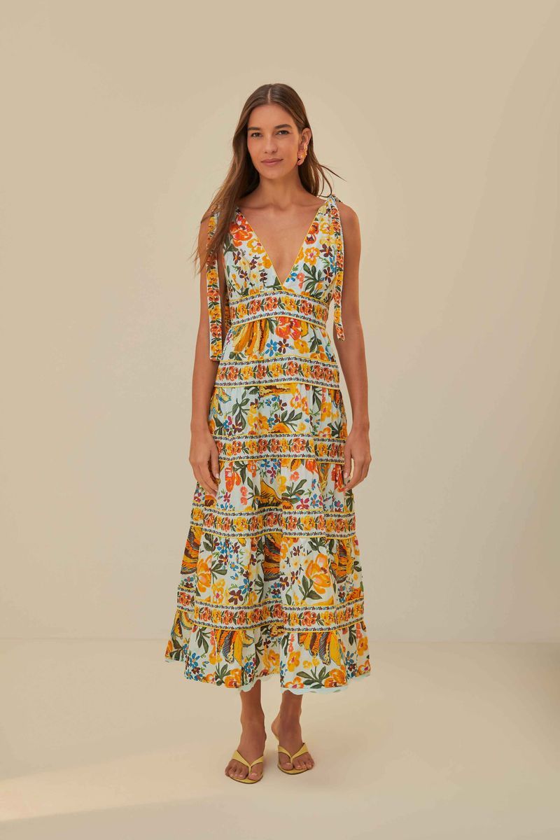 Gestuftes Midikleid mit Bananen- und Blumenmuster